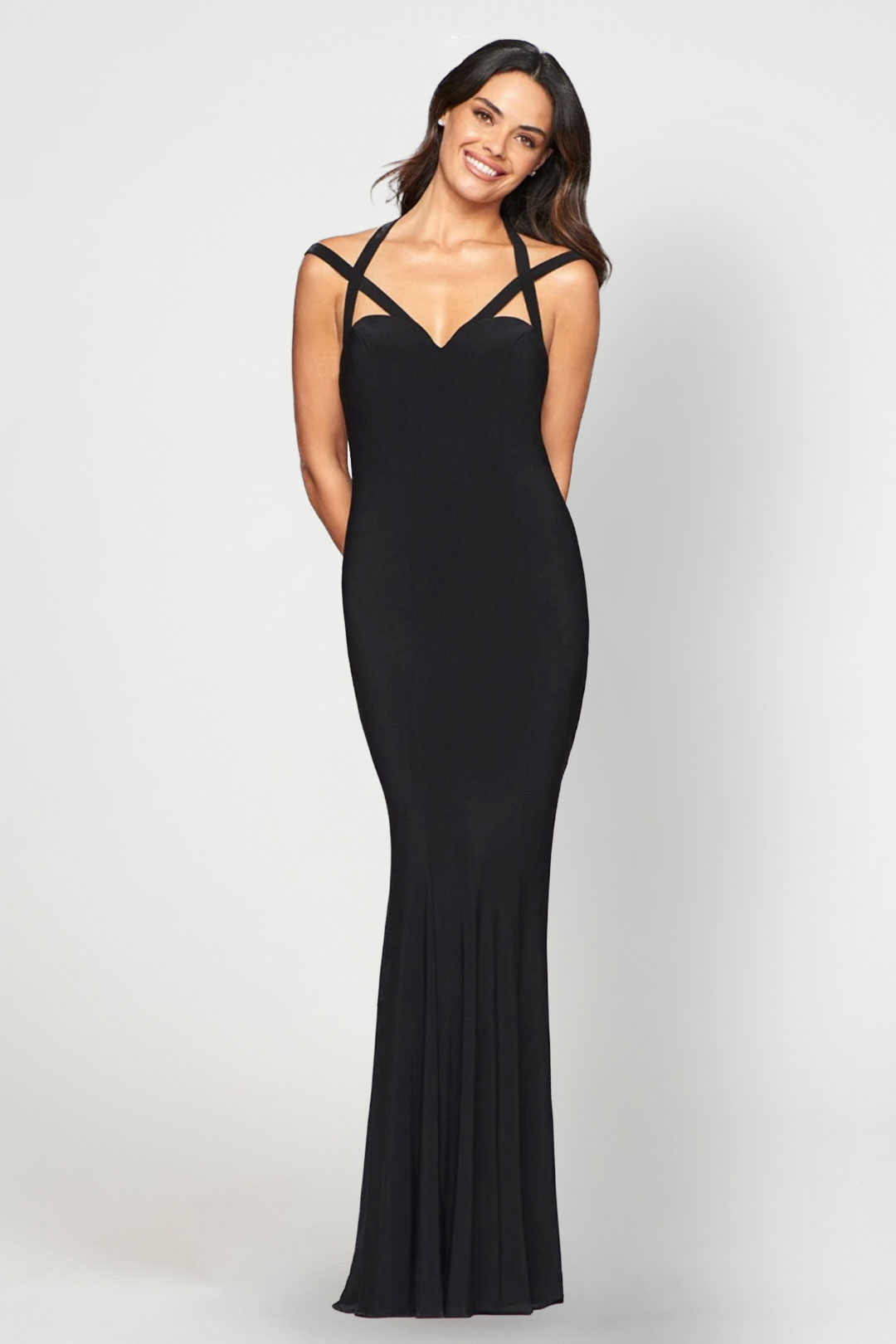 Black Double Strap Long Dress- Faviana Rent A Dress Dress Rental Gown Rental Front Side