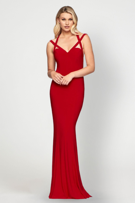 Red Double Strap Long Dress- Faviana Rent A Dress Dress Rental Gown Rental Front