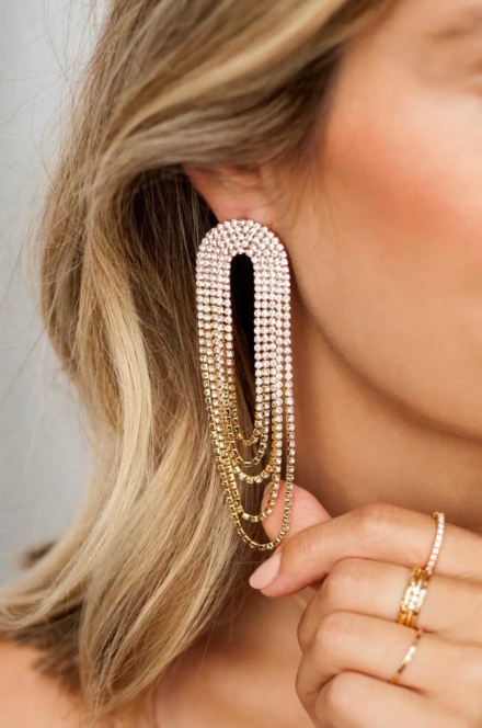 Crystal Gold Drape Fringe Earrings - Ettika Jewelry-Rent A Dress-Dress Rental Canada