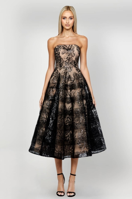Brontie Strapless Midi Dress - Bariano Dress Rental Rent A Dress Cocktail Dress Front