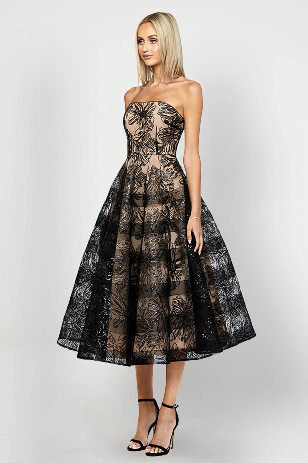 Brontie Strapless Midi Dress - Bariano Dress Rental Rent A Dress Cocktail Dress Side