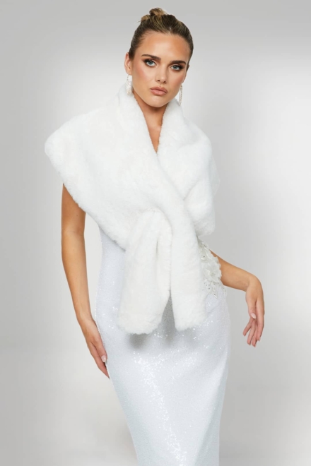 Halia White Faux Fur Shawl - Rent A Dress Gown Rental Faux Fur Rental Clsoe