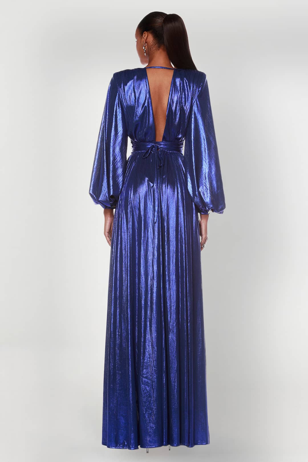 Zoe Cobalt Blue Metallic Gown Long Sleeve Gown Rent A Dress Designer Dress Back