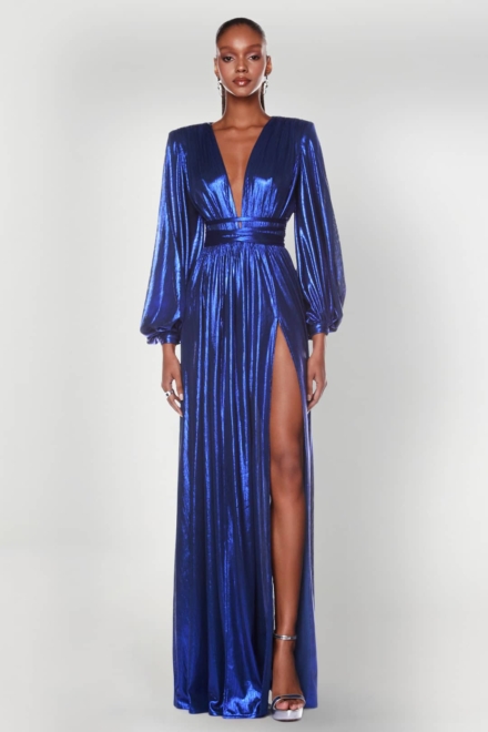 Zoe Cobalt Blue Metallic Gown Long Sleeve Gown Rent A Dress Designer Dress Front