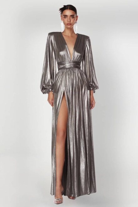GALA Dress Rental 25 Zoe Silver Metallic Gown Long Sleeve Gown Rent A Dress Designer Dress Front
