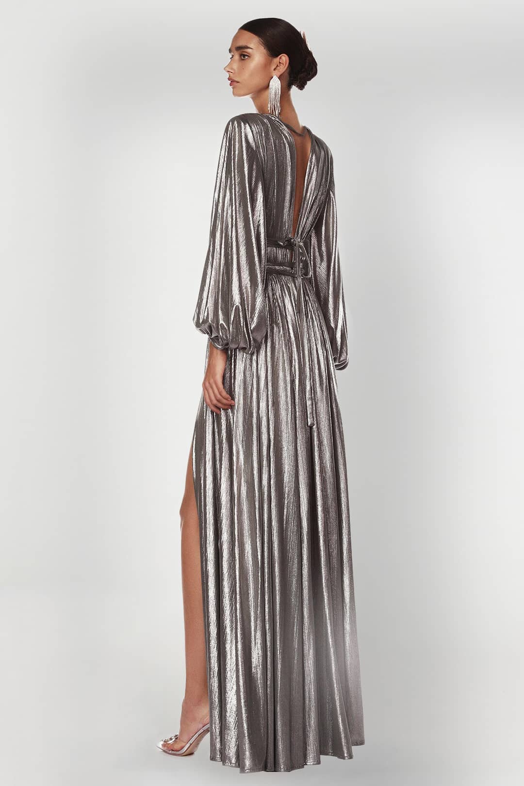 GALA Dress Rental 26 Zoe Silver Metallic Gown Long Sleeve Gown Rent A Dress Designer Dress Side