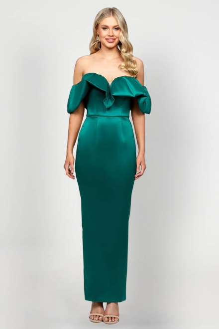 Allyana Off Shoulder Gown - Bariano Rent A Dress Off Shoulder Gown Green Dress Front