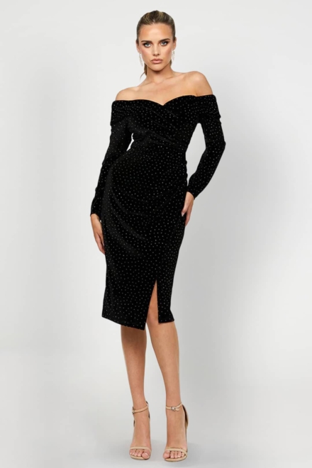 Melanie Off Shoulder Dress - Bariano Rent A Dress Cocktail Dress Black Dress Dress Rental Canada Front