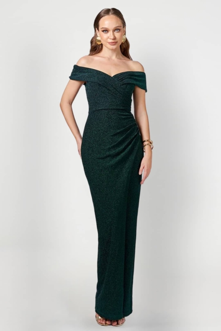 Zimi Off Shoulder Gown - Bariano Rent A Dress Green Dress Rental Calgary Front