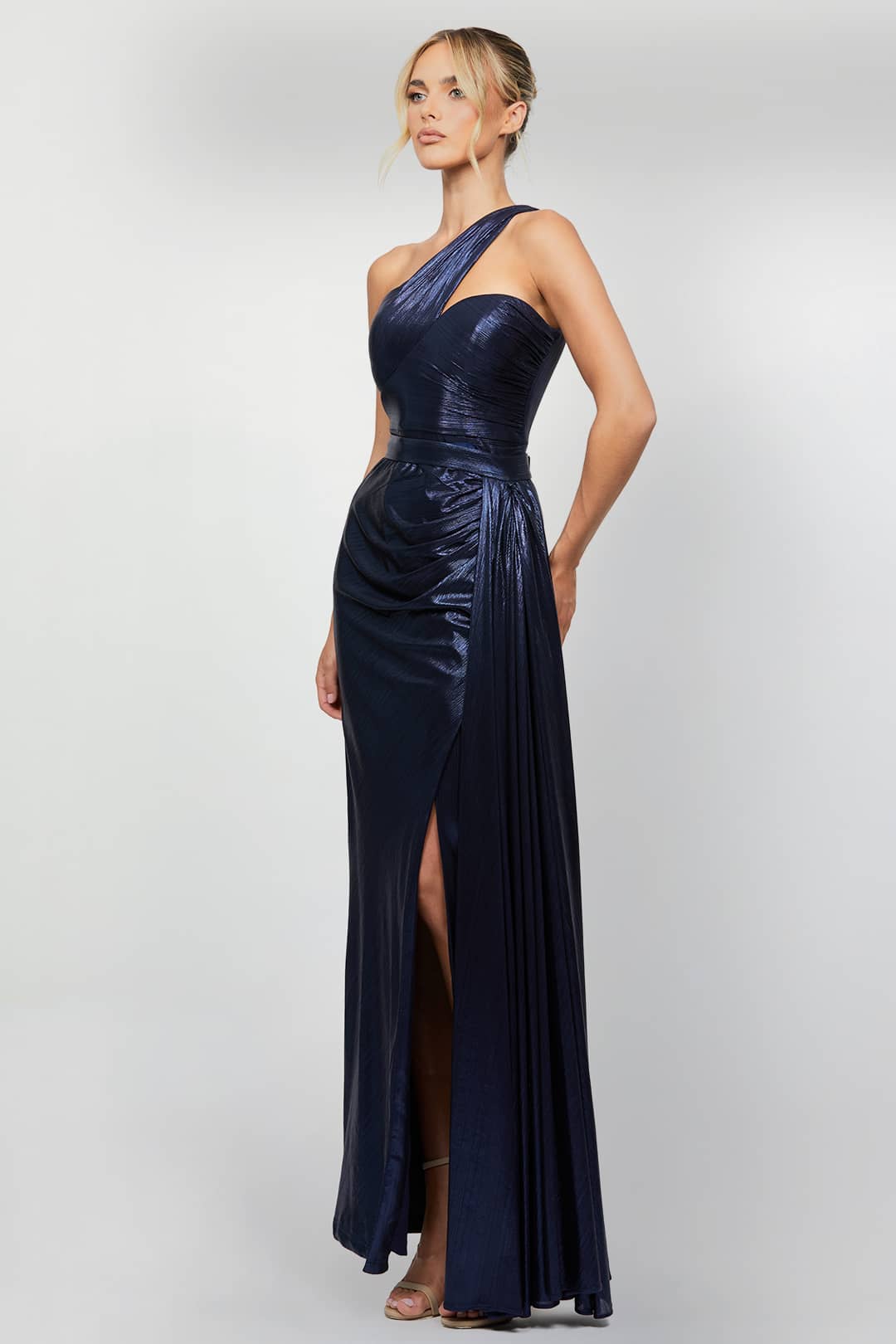Alycen One Shoulder Gown Navy Gown Rent A Dress Canada Long Dress Rental Side2