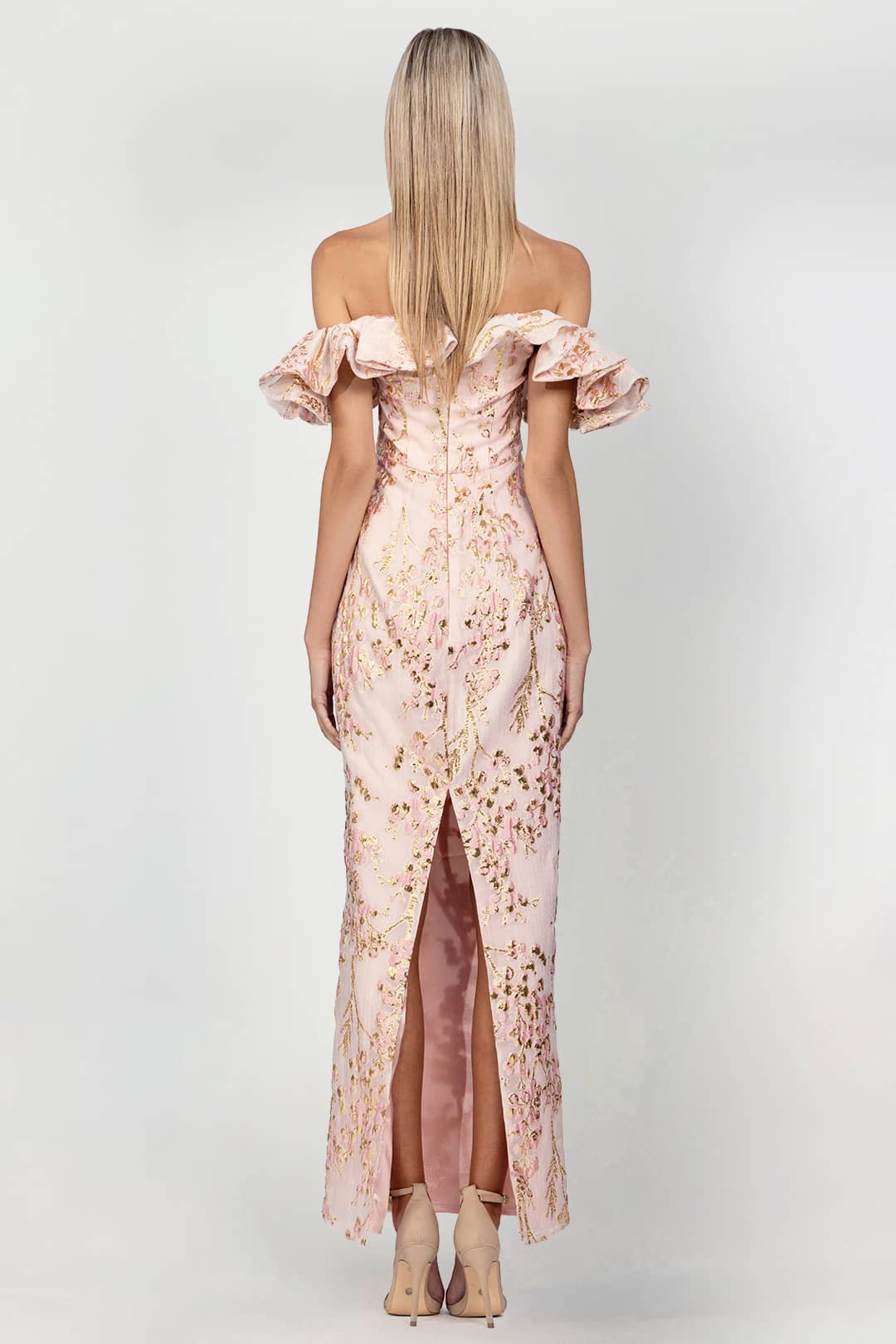 Roberta Off Shoulder Gown- Rent A Dress Calgary Pink Gown Back