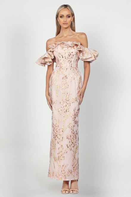 Roberta Off Shoulder Gown- Rent A Dress Calgary Pink Gown Front