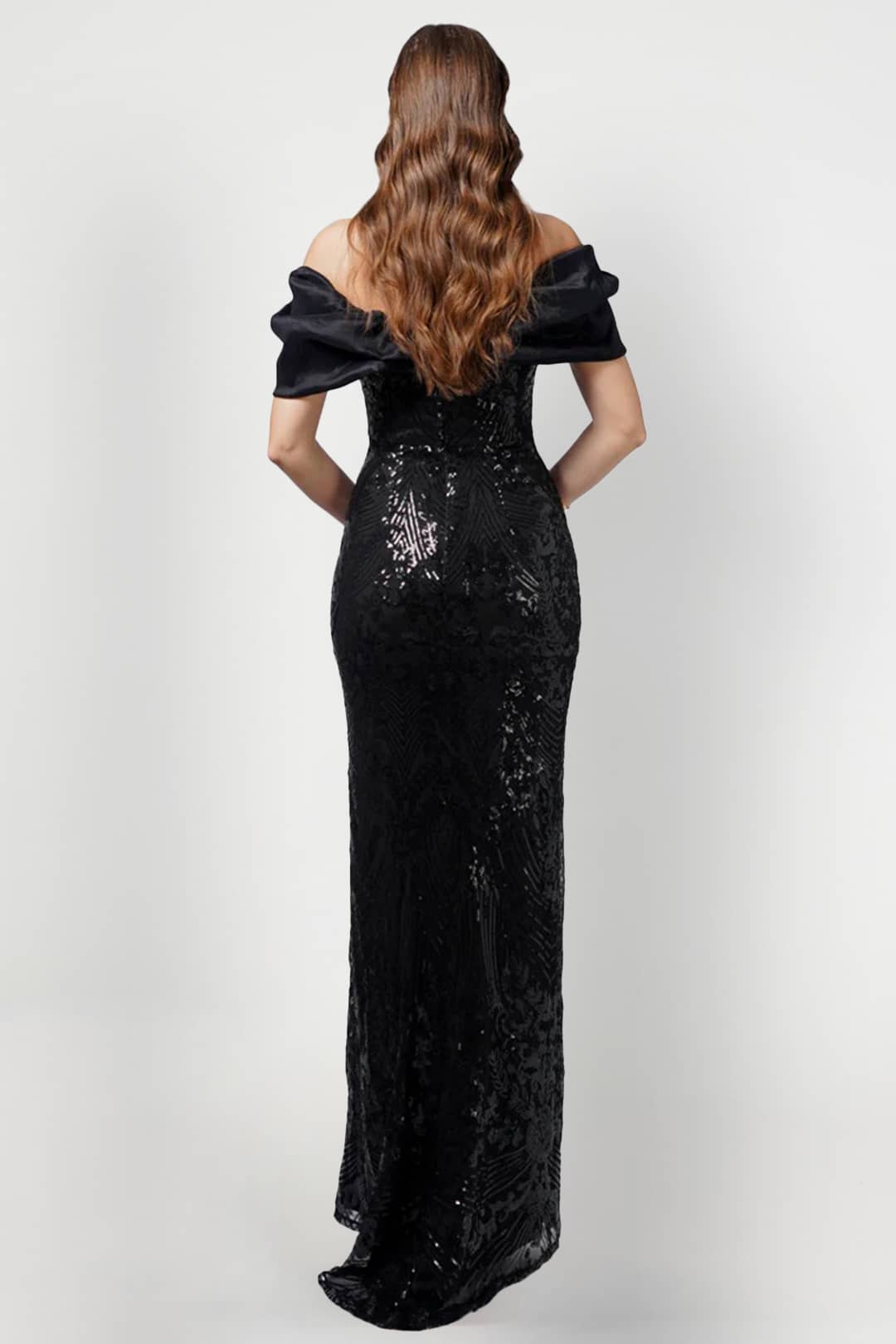 Jaylan Off Shoulder Gown Black Sequin Gown Rent A Dress Calgary Evening Gown For Rent Back
