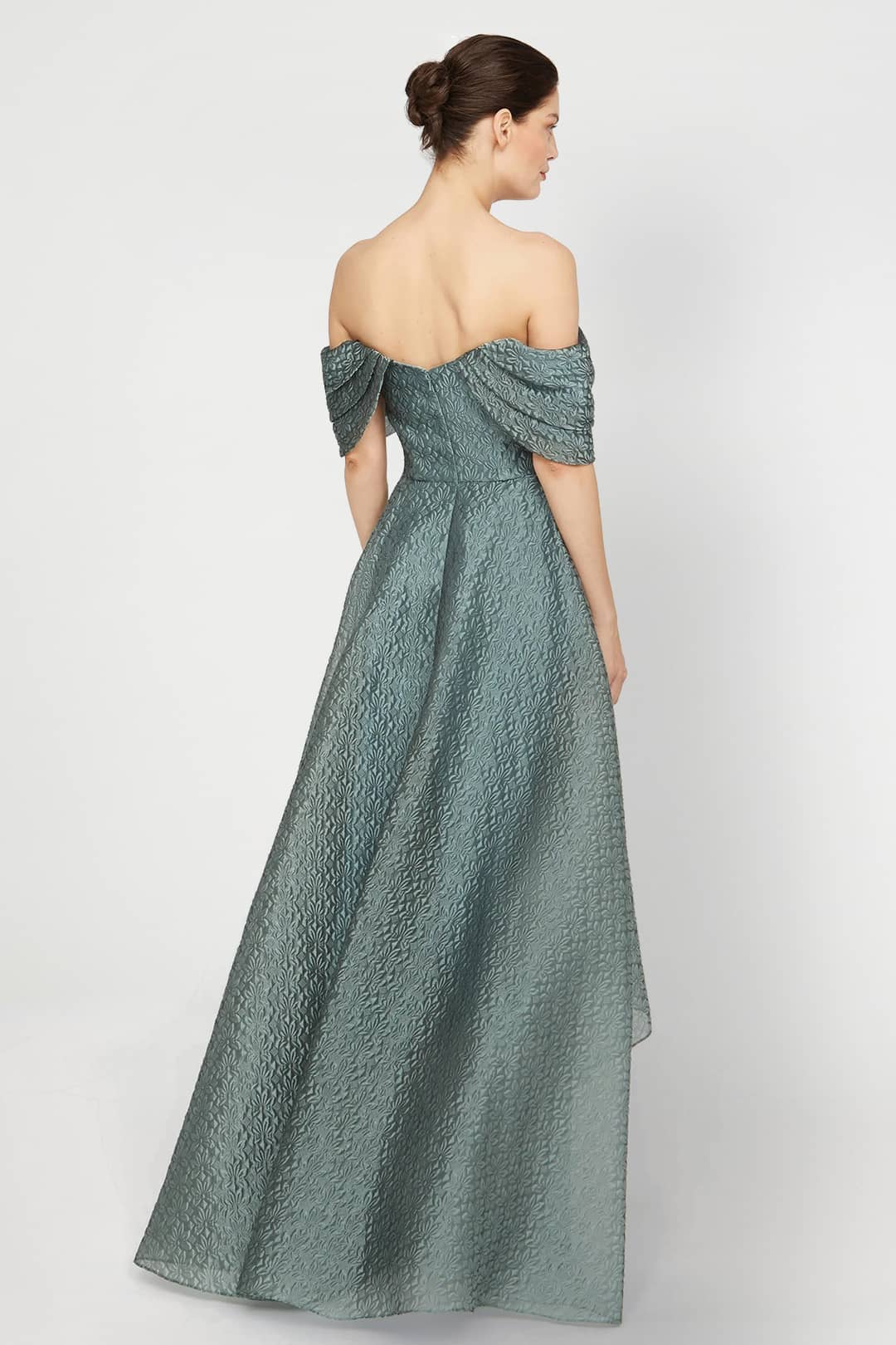 Elysia High Low Gown - THEIA Rent A Dress Gown Rental Canada Green Gown Off Shoulder Gown Back