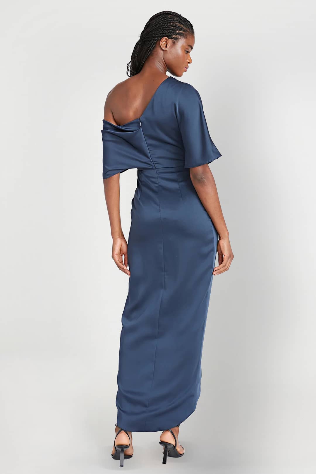 Rayna One Shoulder Gown - THEIA Rent A Dress Gown Rental Cocktail Dress Grey Off Shoulder Back