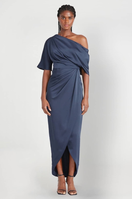 Rayna One Shoulder Gown - THEIA Rent A Dress Gown Rental Cocktail Dress Grey Off Shoulder Dress Front