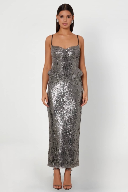 Emmet Silver Dress Sequin Dress Midi Dress Rent A Dress Rental Calgary Cocktail Dress Front